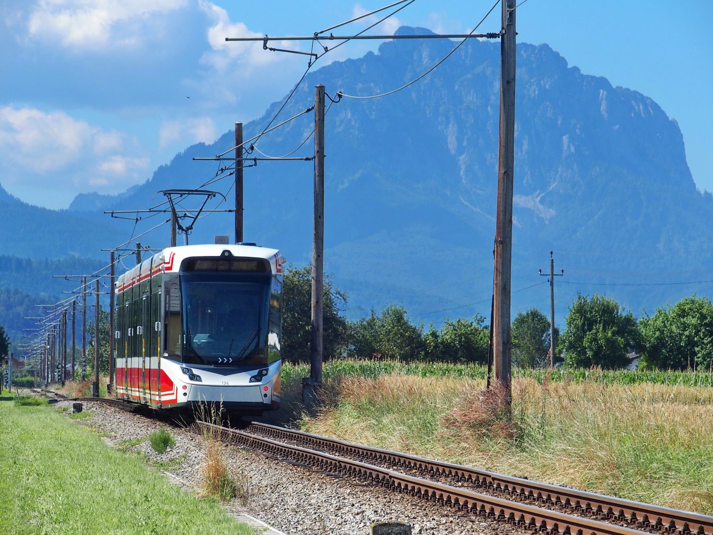 Die Traunseetram auf Schiene inmitten von Wiesen und vor Gebirgen.