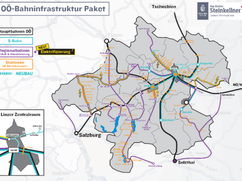 Regionalbahnen sind wichtige Öffis: Das OÖ-Bahninfrastruktur Paket mit Bahnliniennetz auf Karte.