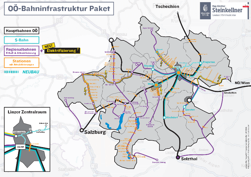 Regionalbahnen sind wichtige Öffis: Das OÖ-Bahninfrastruktur Paket mit Bahnliniennetz auf Karte.